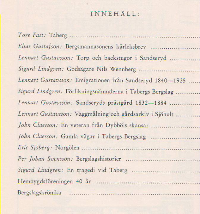 TABERGS BERGSLAG IX No 9 1969 - INNEHÅLL -