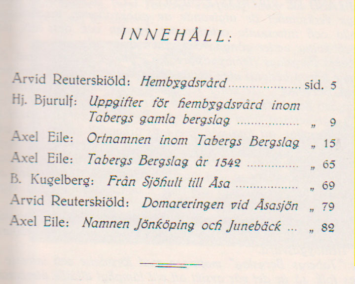 TABERGS BERGSLAG I No 1 -1929 - INNEHÅLL -