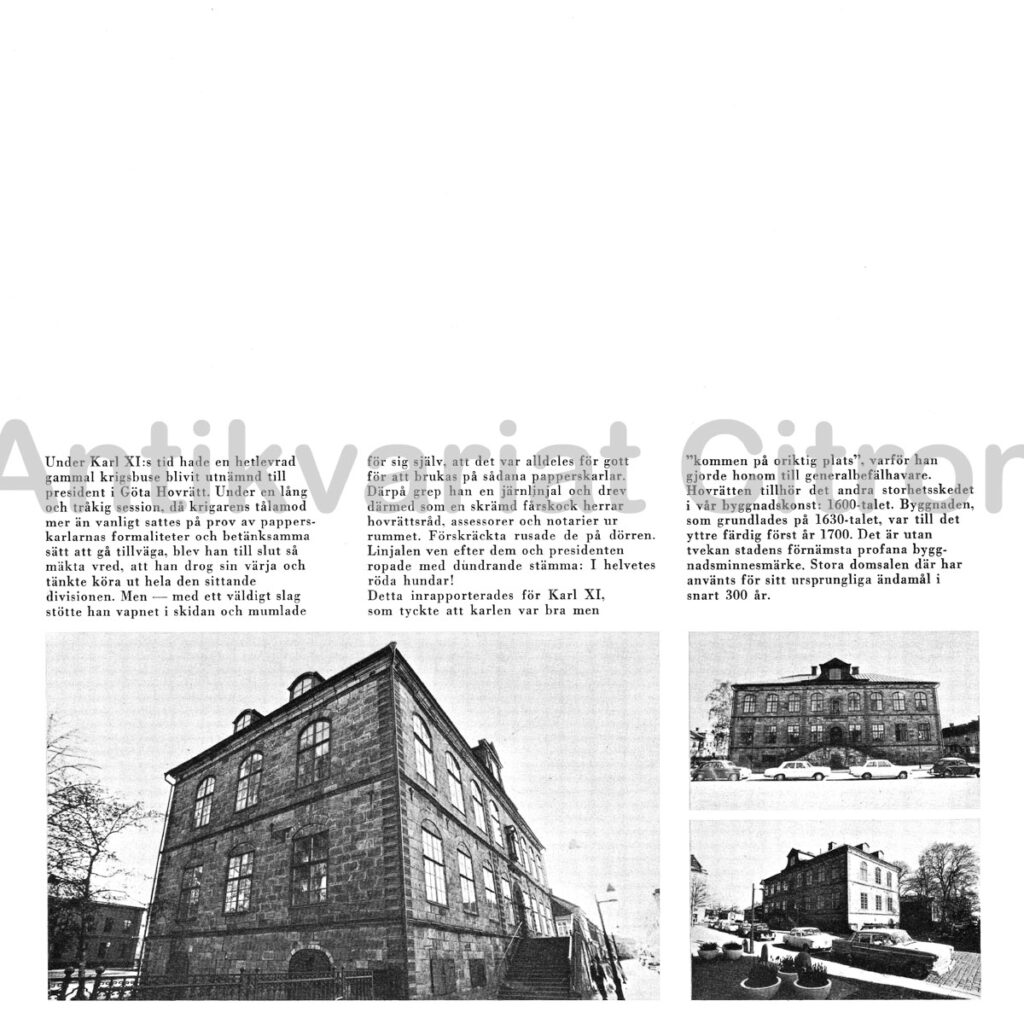 En pampig fasad av Göta Hovrätt i Jönköping, sedd framifrån med stenportal och klassicistiska detaljer. Perspektivet framhäver byggnadens högtidliga och formella intryck.