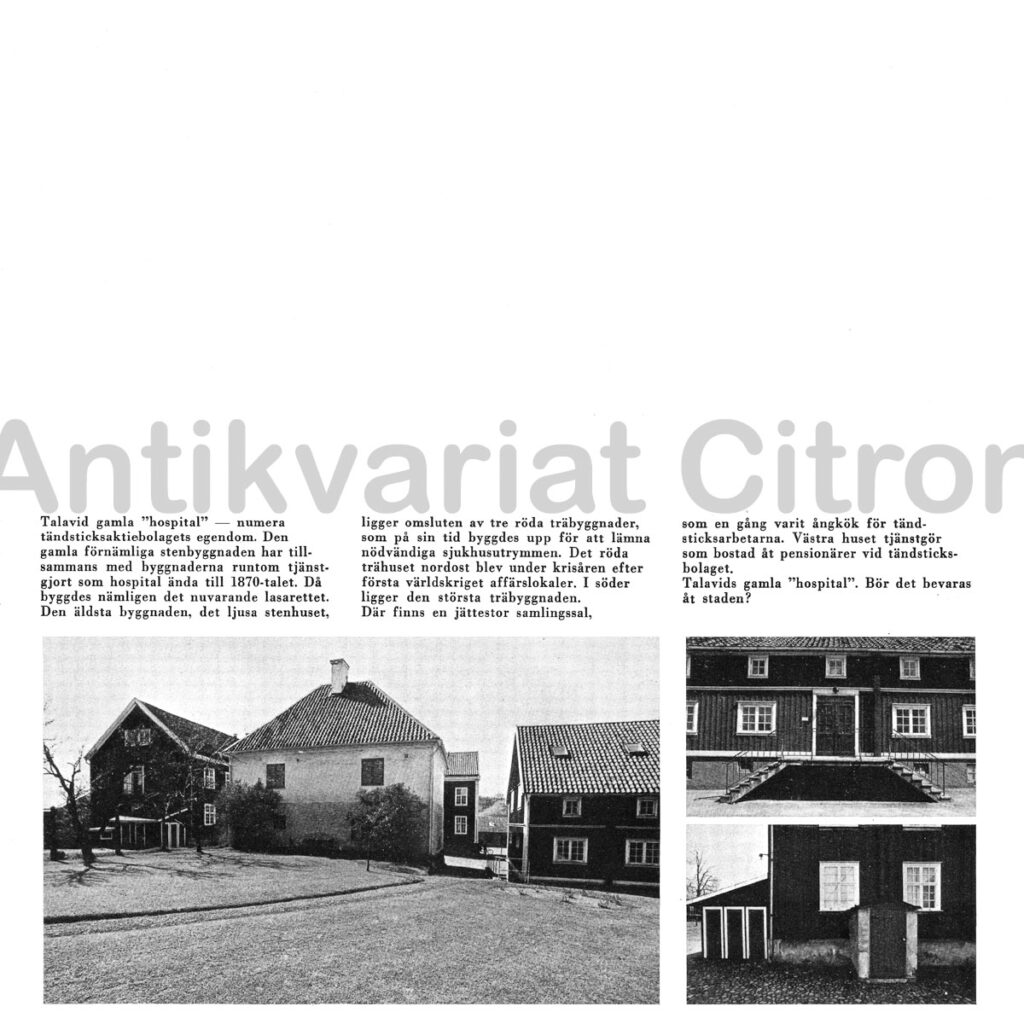 Stenfasaden av Talavids gamla hospital omgiven av röda träbyggnader i Jönköping. Den historiska sjukhusmiljön från 1800-talet visas i dagsljus.