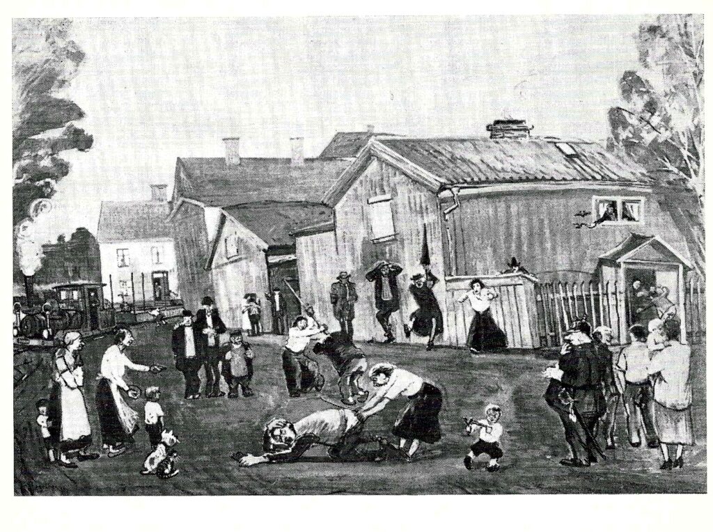 "Fogelbergs konstverk med temperateknik – en grupp kvinnor och män samlade på Vedtorget i Jönköping. Klädseln är folklig och färgrik, kroppsställningar uttrycksfulla. Bilden fångar en dramatisk och samtidigt lekfull scen, där kvinnorna framstår som både starka och självsäkra. Trähus i bakgrunden skvallrar om stadens äldre bebyggelse."
