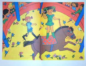 FRÅN PIPPI TILL RONJA - Valda skrifter Del I - Helt bokuppslag i färg av Ingrid Vang Nyman, Bilden visar Pippi i cirkusmanegen.