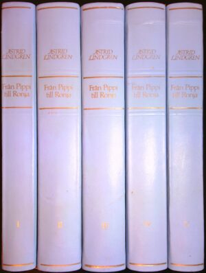 Astrid Lindgrens Från Pippi till Ronja, jubileumsbibliofilupplaga i 5 band med illustrationer av Ilon Wikland, Ingrid Vang Nyman och Bengt Berg Totalt cirka 1800 sidor