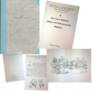 Fotomontage ur ASTRID LINDGRENs FRÅN PIPPI TILL RONJA - Valda skrifter Del II som innehåller böckerna Alla vi barn i Bullerbyn, Lillebror och Karlsson på taket samt Madicken Montaget visar även ett tecknat bokuppslag i av Ingrid Vang Nyman föreställande husen i Bullerbyn